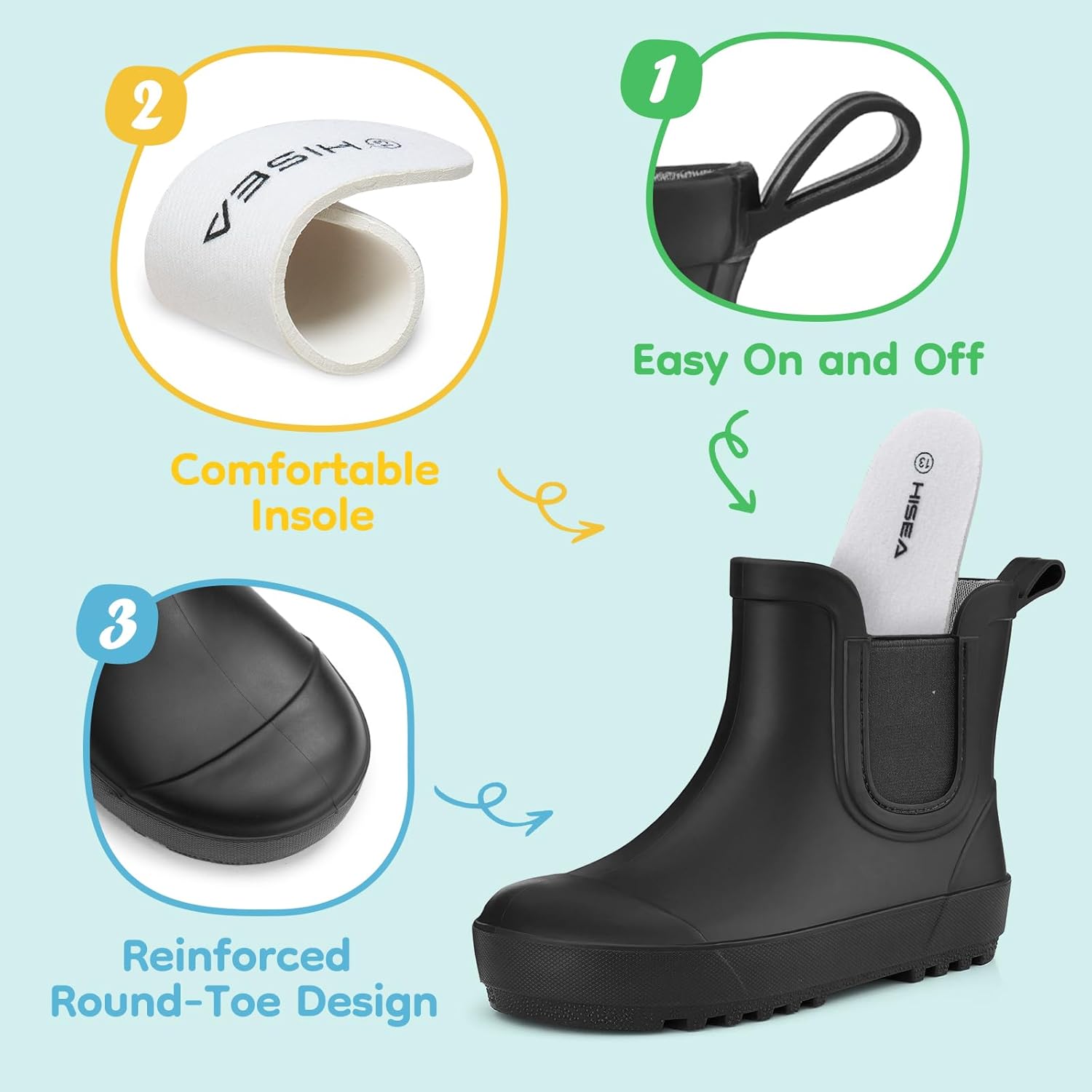 HISEA Kids Waterproof Ankle Deck Boots, Non-Slip Rubber Chelsea Slip-On with Round Toe for Boys & Girls, Lightweight Toddler to Big Kid Rainboots for Farm, Park, Hiking & Outdoor Play