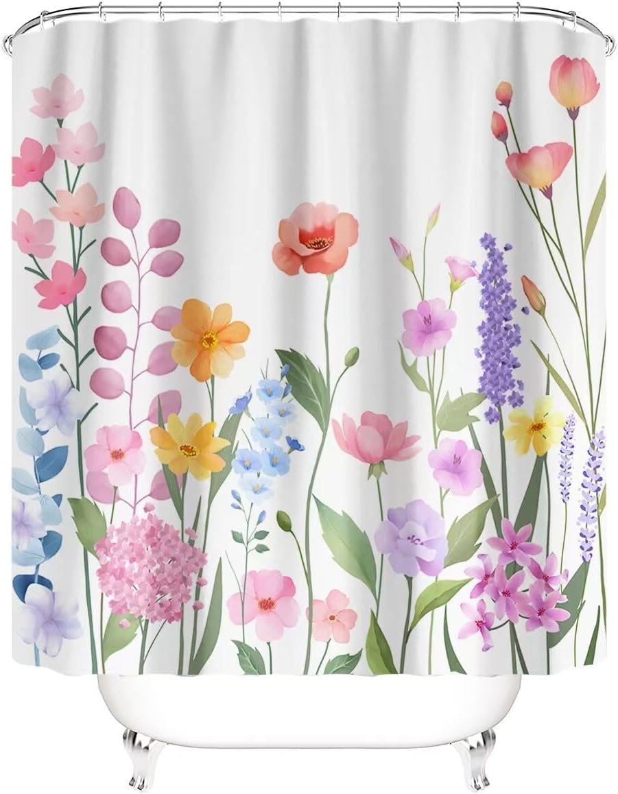 Floral Shower Curtain, Fabric Cloth Shower Curtains for Bathroom Farmhouse Decor, Colorful Shower Curtain with 12 Hooks and 1 Hanging Cord, 71" x 71", Flowers with White Background