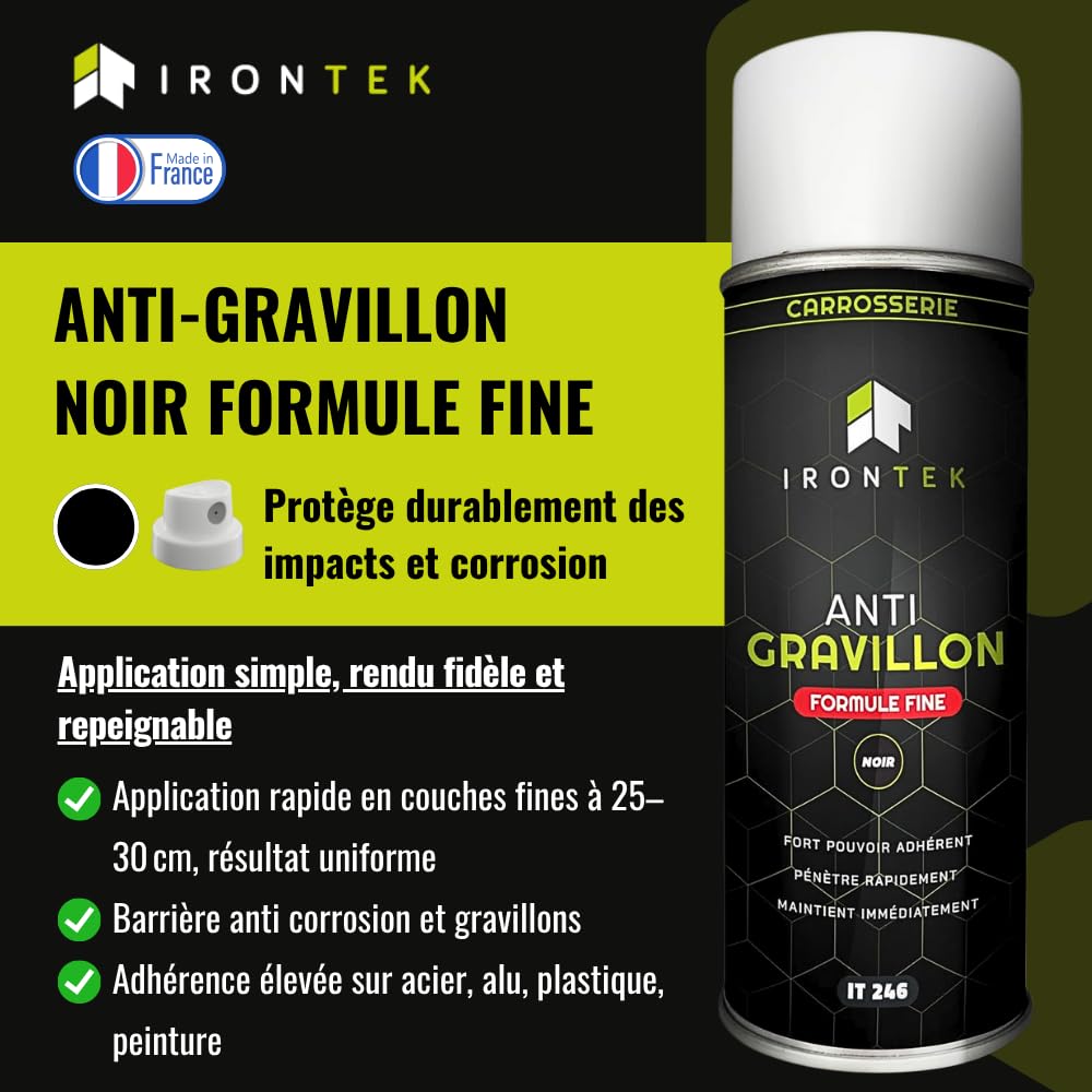 Anti-Gravillon Noir Protection Bas de Caisse 400ml - IRONTEK | IT246 | Fort Pouvoir adhérent | Formule Fine Pro | Anti-Corrosion & Insonorisant | Peut être Peint | Made in France (Formule Fine)
