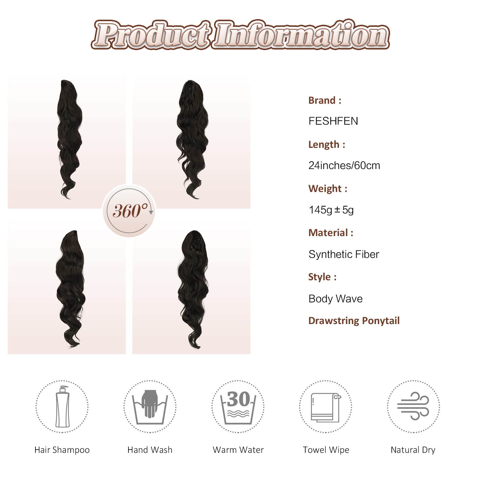 FESHFEN Queue de Cheval Cordon Longue Bouclé Ondulées Ponytail Cheveux Naturel Postiche Extension Synthétique Rajout Drawstring Ponytail Extensions pour Femmes, Noir Naturel 60 cm