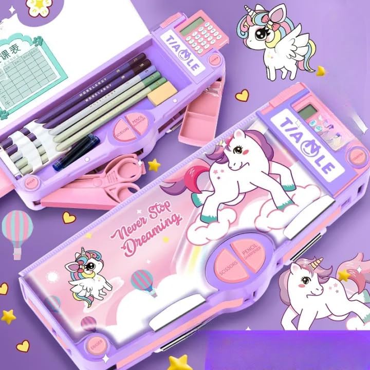 Image of KiddieWorld School Students Pencil Box with Calculator Cute Cartoon Stationary Compass for Boys Geometry Box with Inbuilt Scissor Ruler & Sharpener Magnetic Box Best Gifts (Uni Calculator)