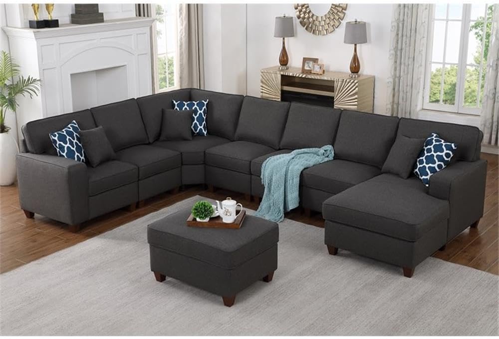 Devion Furniture 8-Piece Modern Square Arm Chenille Fabric Upholstered Sectional with Ottoman, Easy to Assemble, in Dark Gray Finish