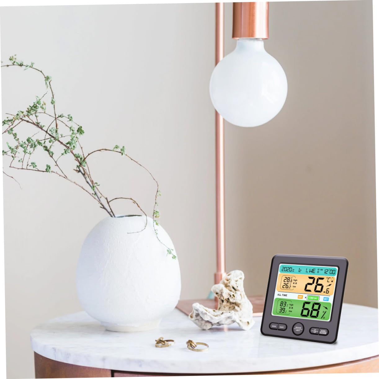 Thermohygrometer Uhr Schwarz mit LED Anzeige, Abs, 1 Stück | Klappbarer Standfuß, ohne Batterie, für Tisch und Wandmontage, Temperaturgenauigkeit ±1 °c, Feuchte ±5 % Rh