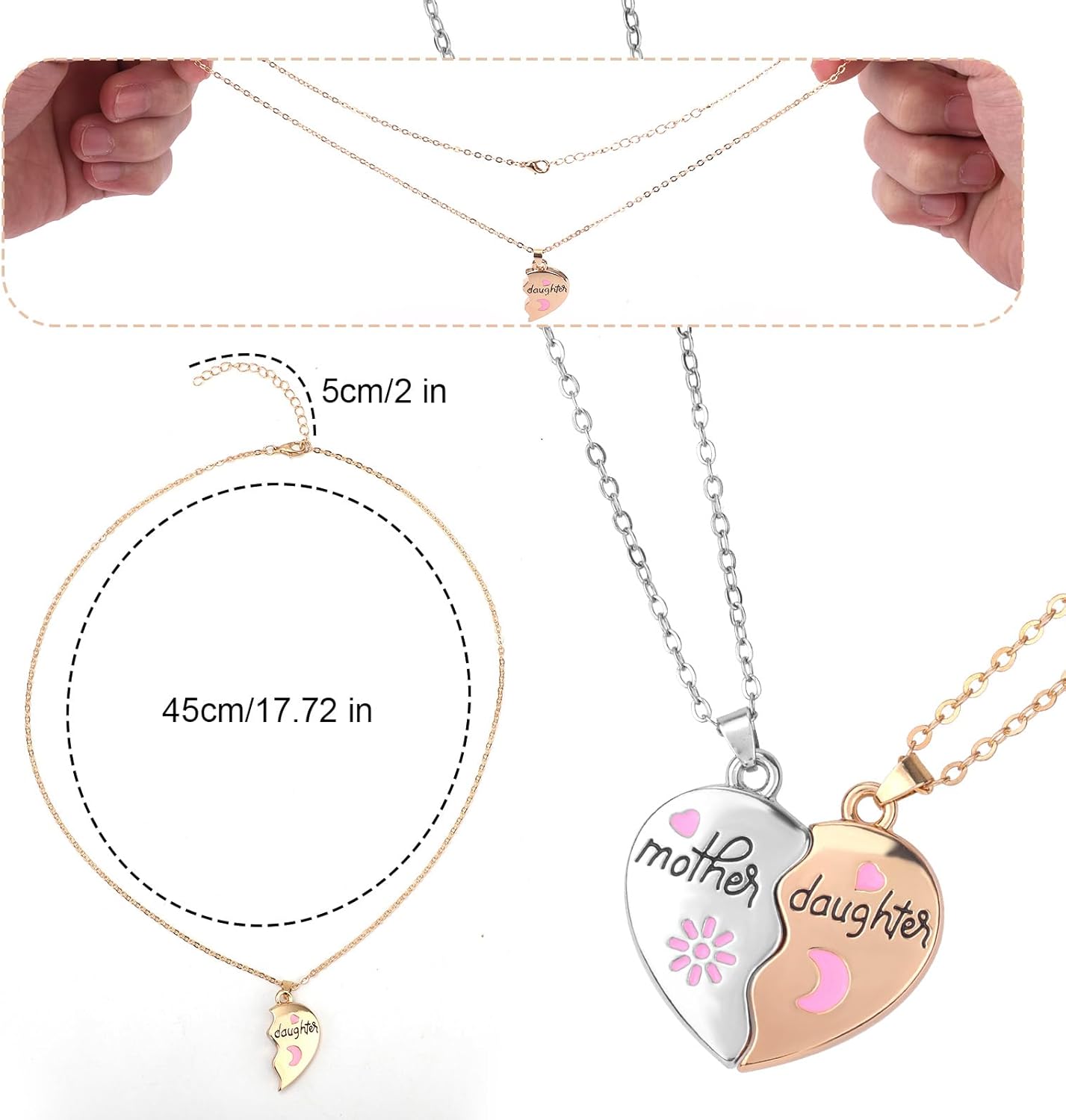 2pcs Matching Necklaces, Heart Shaped Mother and Daughter Necklace Mom Magnetic Family Matching Pendant Mama Charm 2 Part Family Jewelry for 2 (Gold, Silver) - Image 2