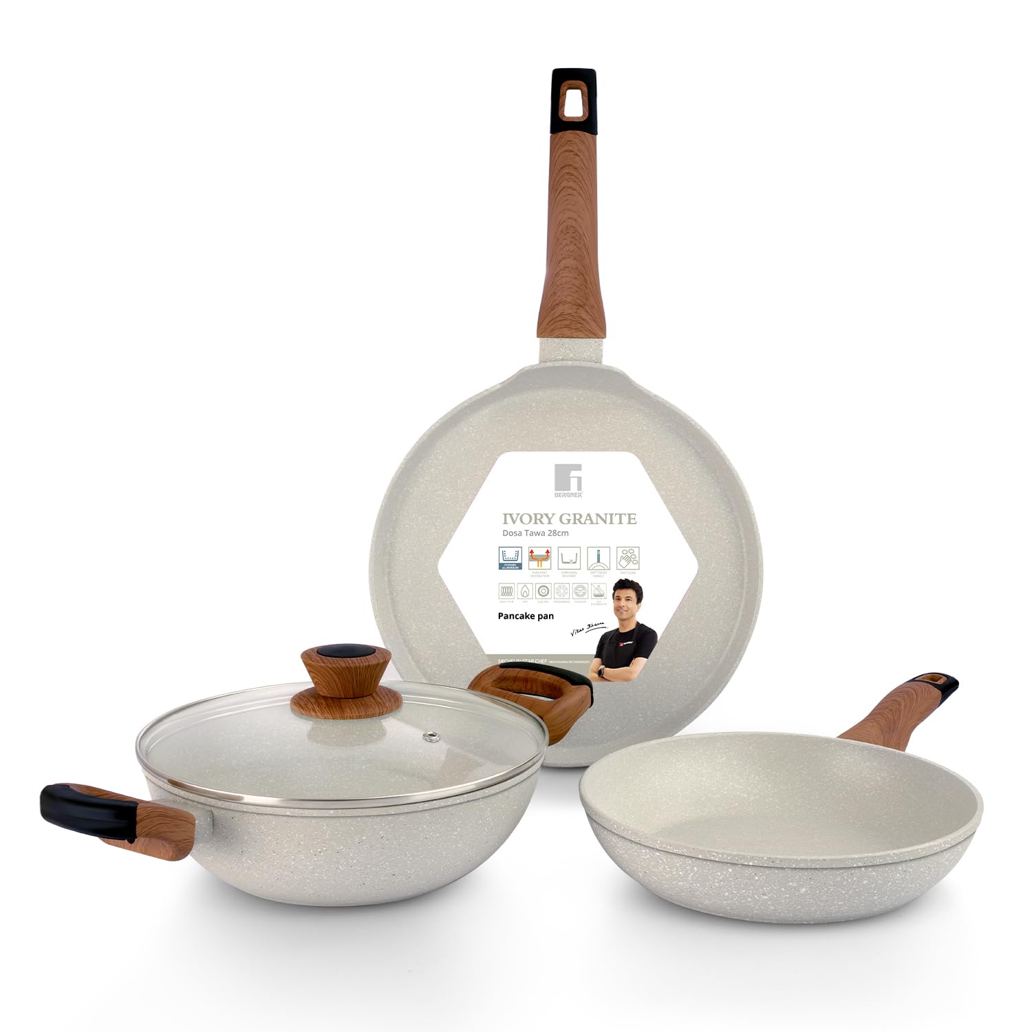 BERGNER Ivory Granite Non-Stick 4 Pcs Cookware Set – 24cm/2.5L Kadai with Lid, 24cm Frypan, 28cm Dosa Tawa, 3-Layer Marble Healthy Coating, PFOA Free, Forged Aluminium – Induction and Gas Stove Ready