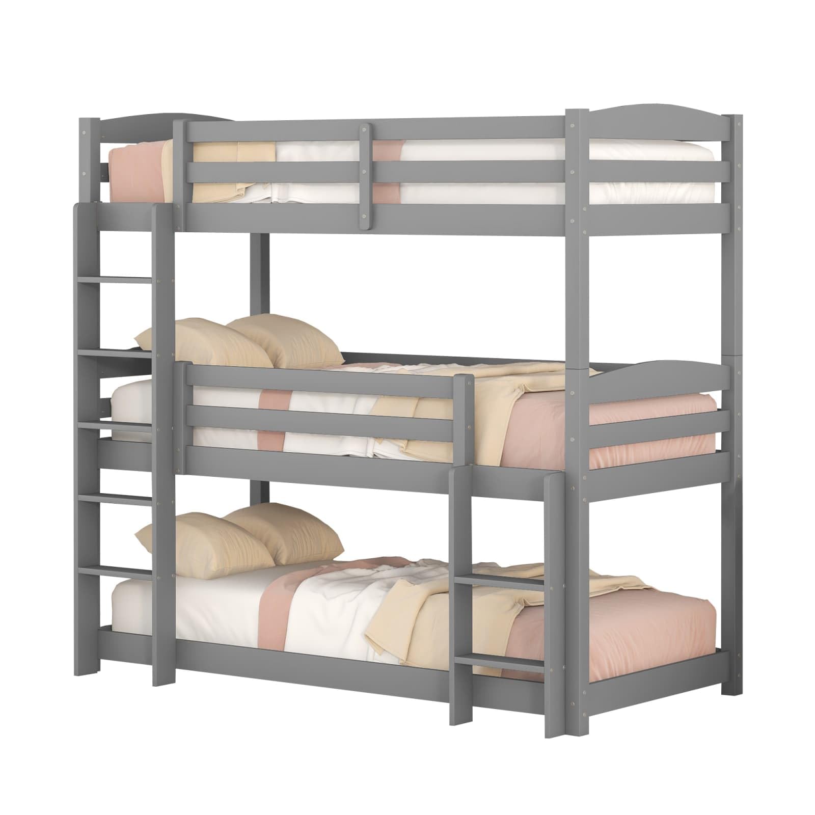 KOMHTOM Lit Superposé Triple en Bois avec 2 échelle Latérale, Cadre de lit Plateforme avec Clôture de Sécurité, Lit Simple, Support à Lattes(sans Matelas,90 x 200CM) (Gris)