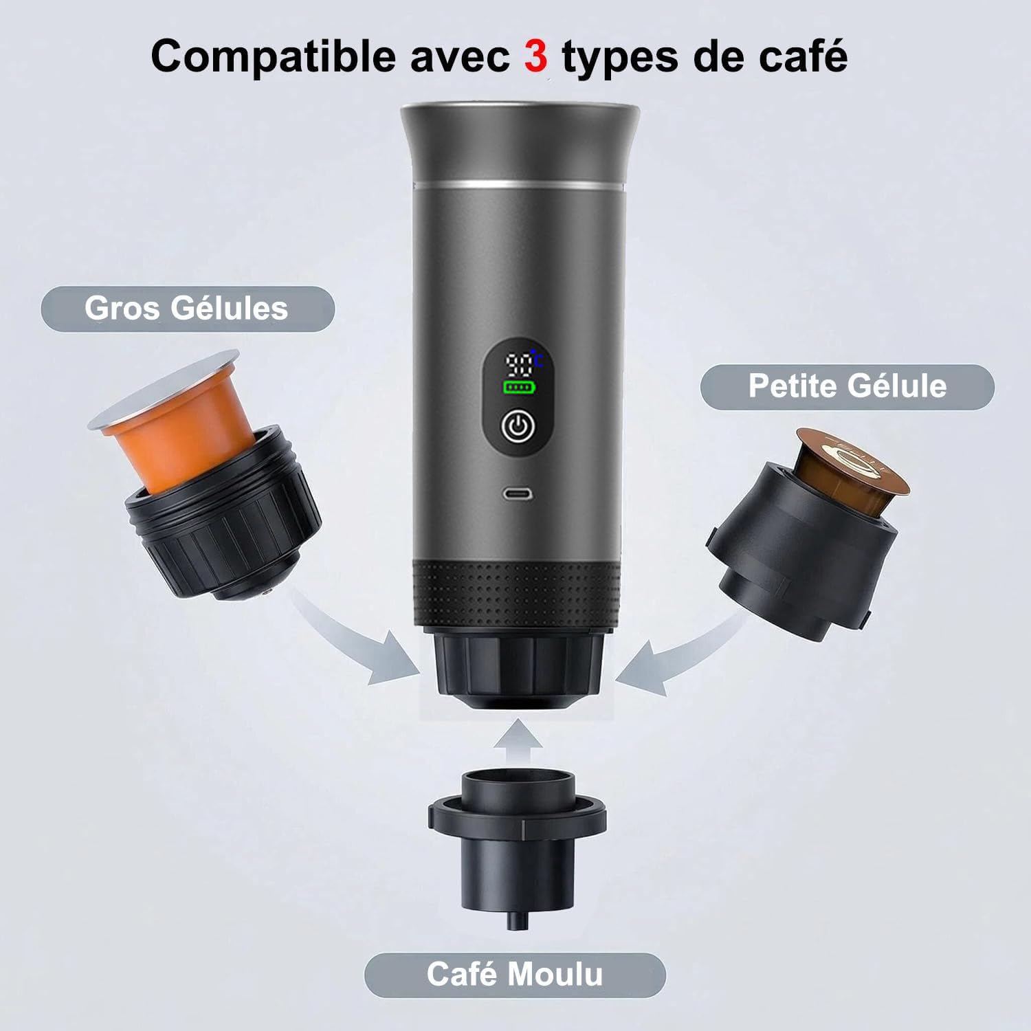 3 En1 Machine à Café Portable de Voyage,pour RV, camping,randonnée, bureau | Avec auto-chauffage,avec Charge USB-C,Cafetière avec café moulu et capsule NS,Machine à café électrique portable