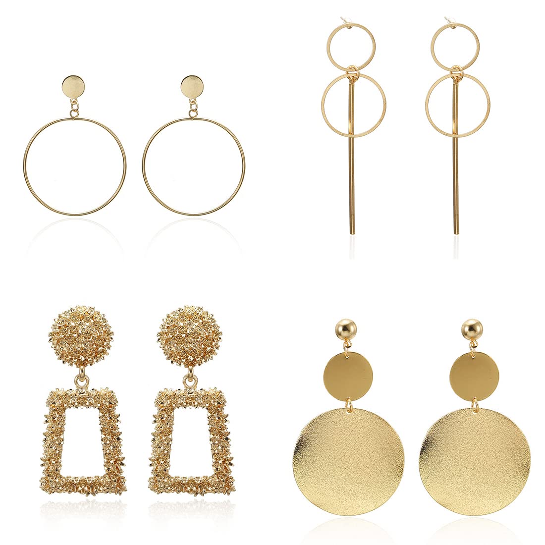 EUJEBEDAJuego 4 Pares Pendientes Múltiples Surtidos Para Mujer, Aros Acrílicos Ligeros Aretes de Gota con para Mujer Aretes Colgantes Geométricos Rectangulares Dorados Aretes de Aro