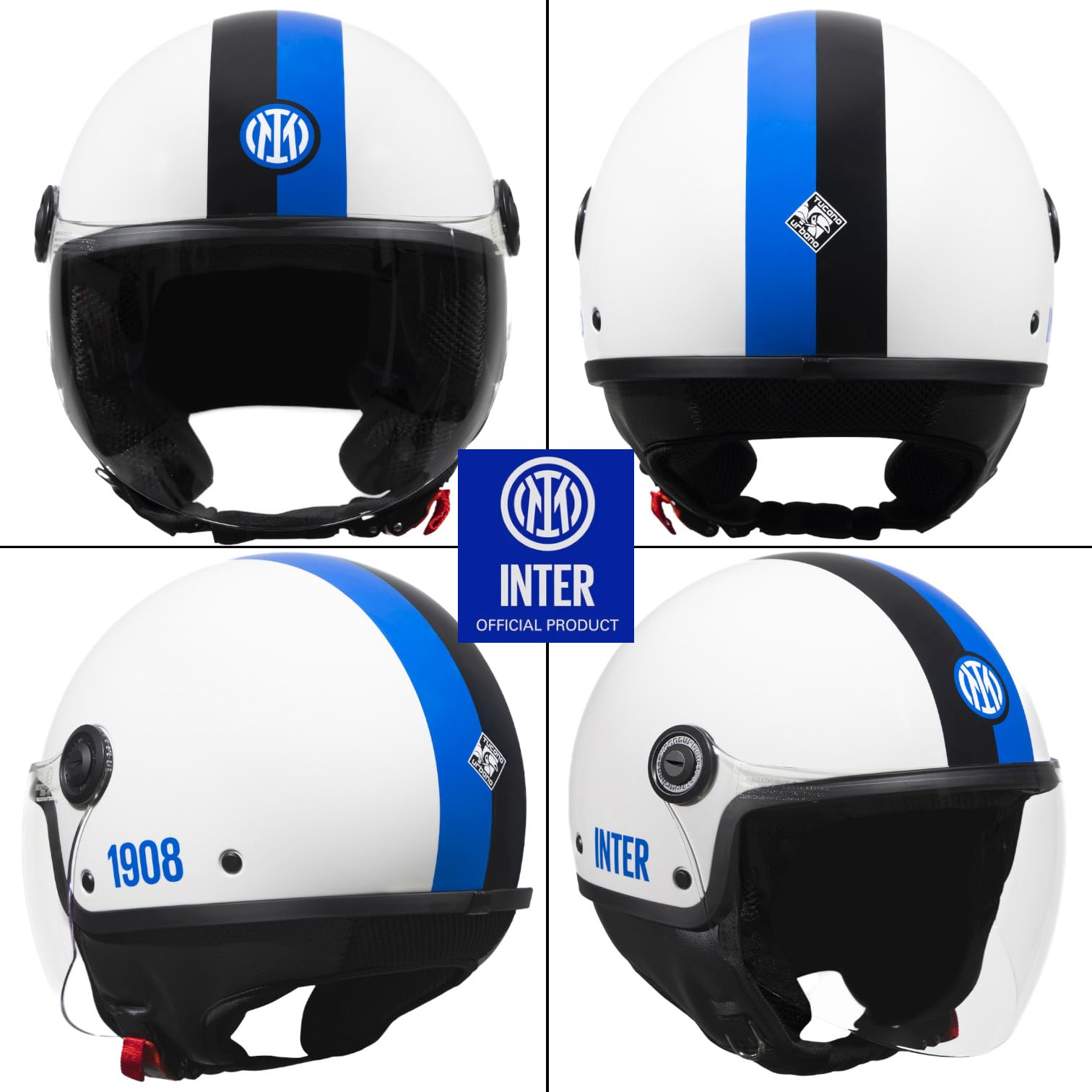 Tucano Urbano casco demi jet unisex EL'JETTIN INTER. Casco moto in policarbonato con grafica originale Inter FC. Casco estate inverno omologato ECE 22.06. Prodotto con Licenza Ufficiale.