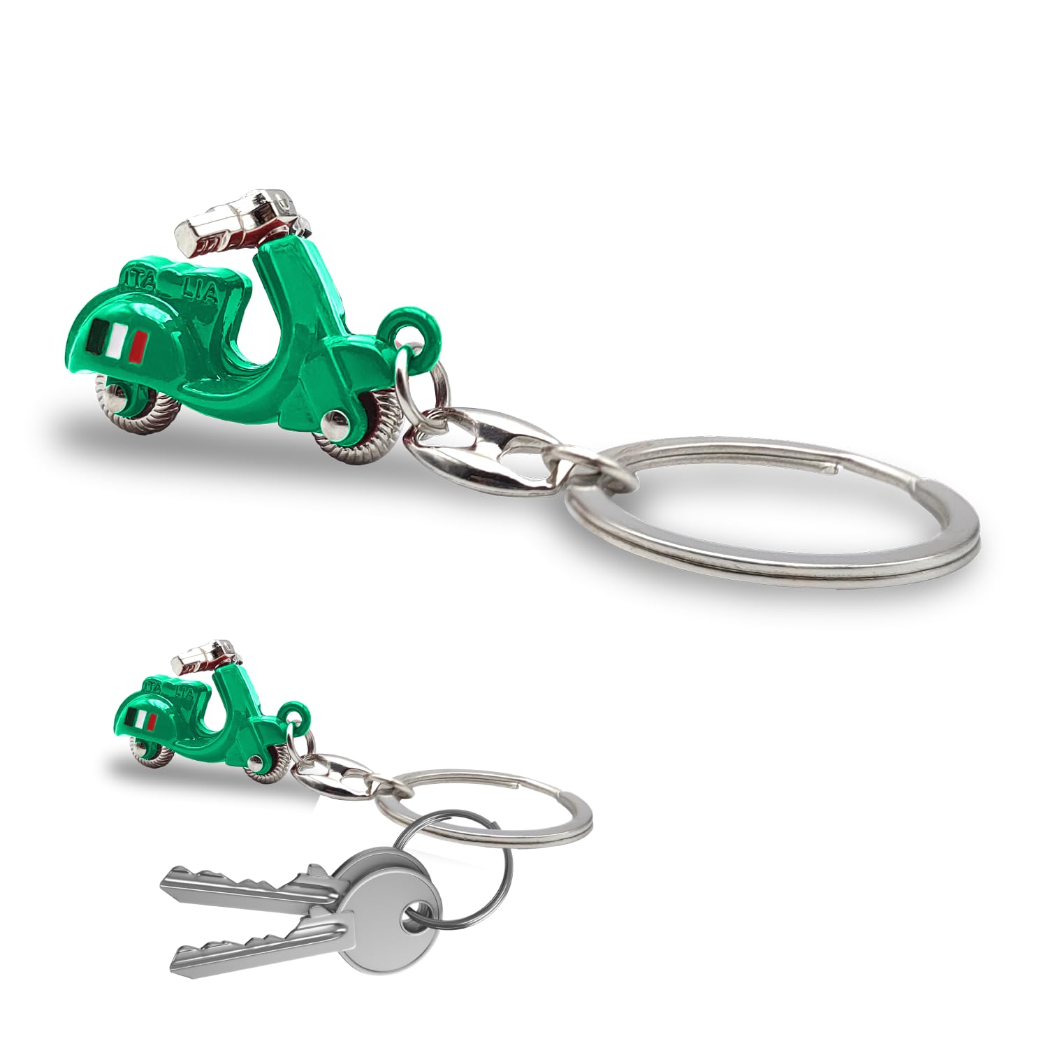 3D Italian Scooter Keyring - Realistic Design with Articulated Handlebar - Italian Flag on the Side - Durable Metal - Gift Idea for Men and Women - Accessories for Car, Motorcycle and Backpack, green,