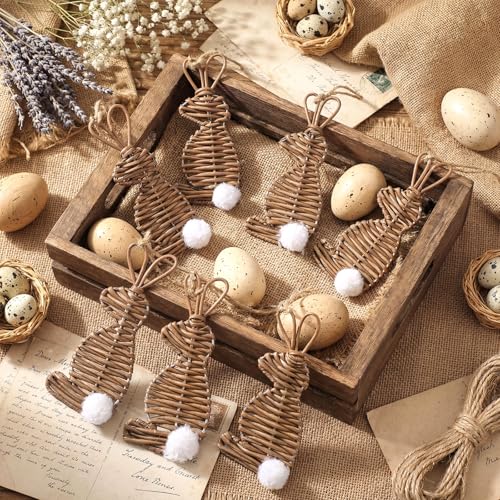 Vercraft 9 Pcs Rattan Easter Bunny Ornaments 4.7 Inch Natural Wicker Rabbit Ornaments with Rope Farmhouse Neutral Spring Ornament Vintage Rustic Woven Easter Decorations for Tree Home Baskets Crafts