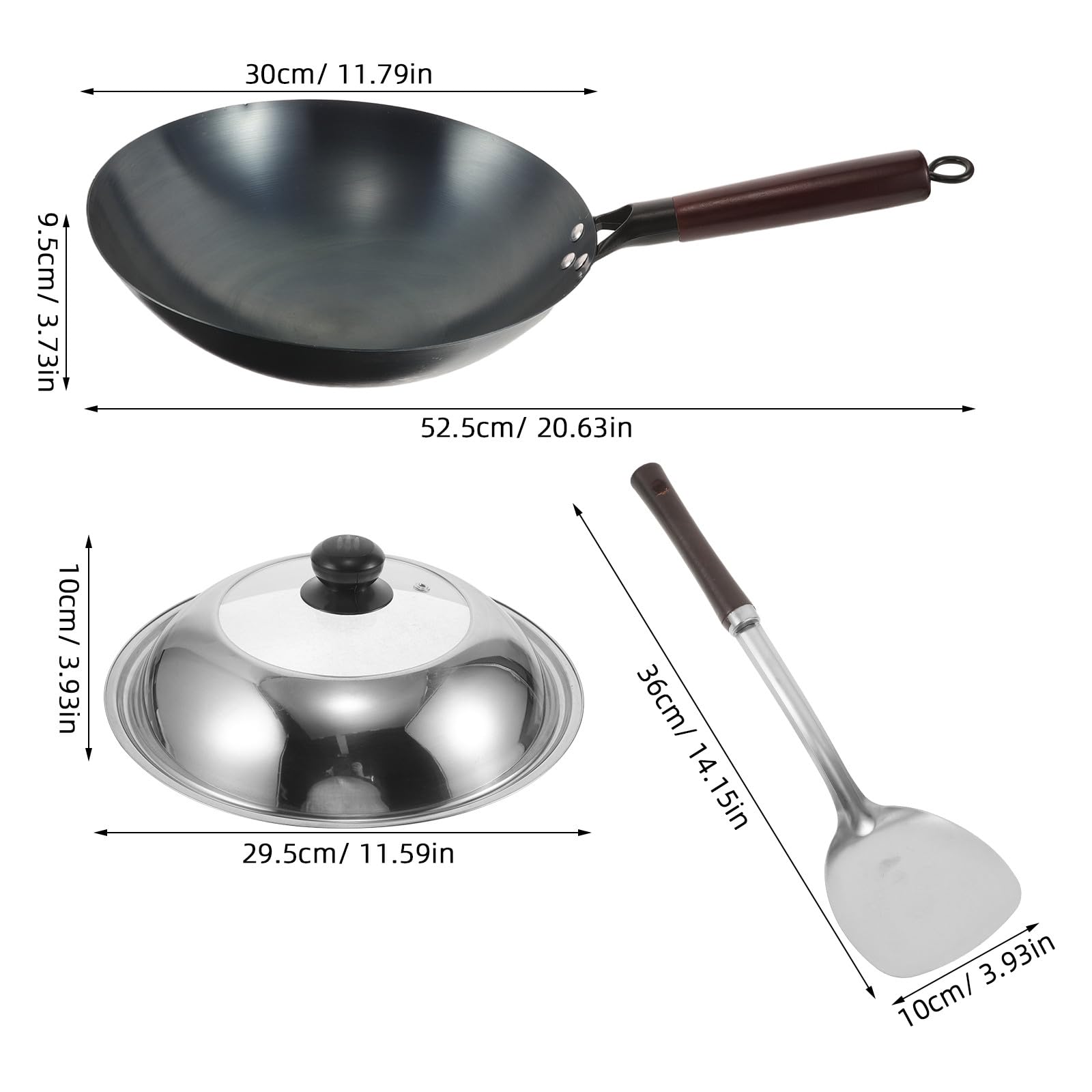 DOITOOL Niepowlekana żeliwna patelnia wok | Ręcznie robiona chińska patelnia do smażenia z pokrywką i szpatułką | Niepowlekany, wytrzymały żeliwny wok z drewnianym uchwytem do kuchenek gazowych
