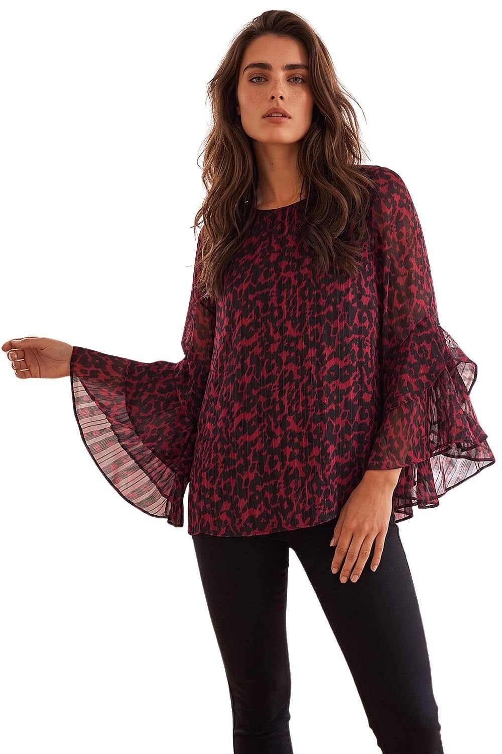 Roman Petite Animal Frill Sleeve Top for Women UK - Ladies Everyday Autumn Winter Round Neckline Comfy Soft Evening Vacation Work Party Night Out