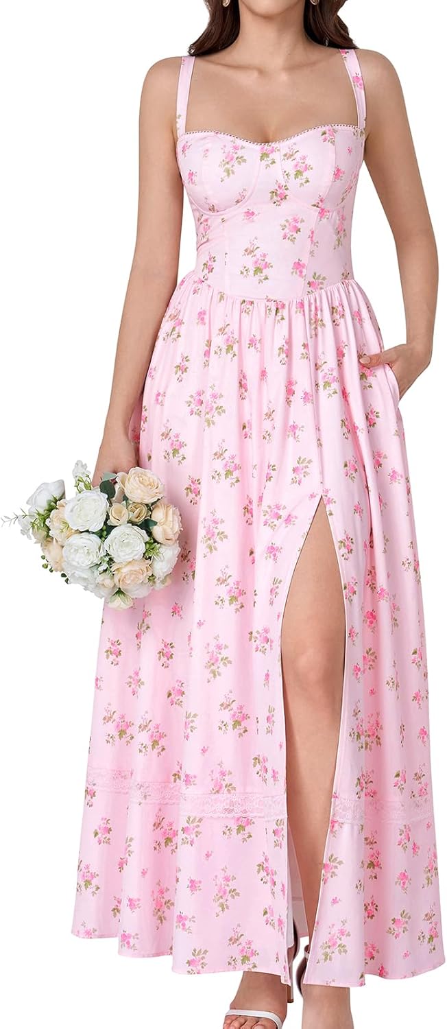 GLNEGE Floral Corset Wedding Guest Maxi Dress Summer Spring Flowy A Line Slit Tea Party Sundress for Women with Pockets