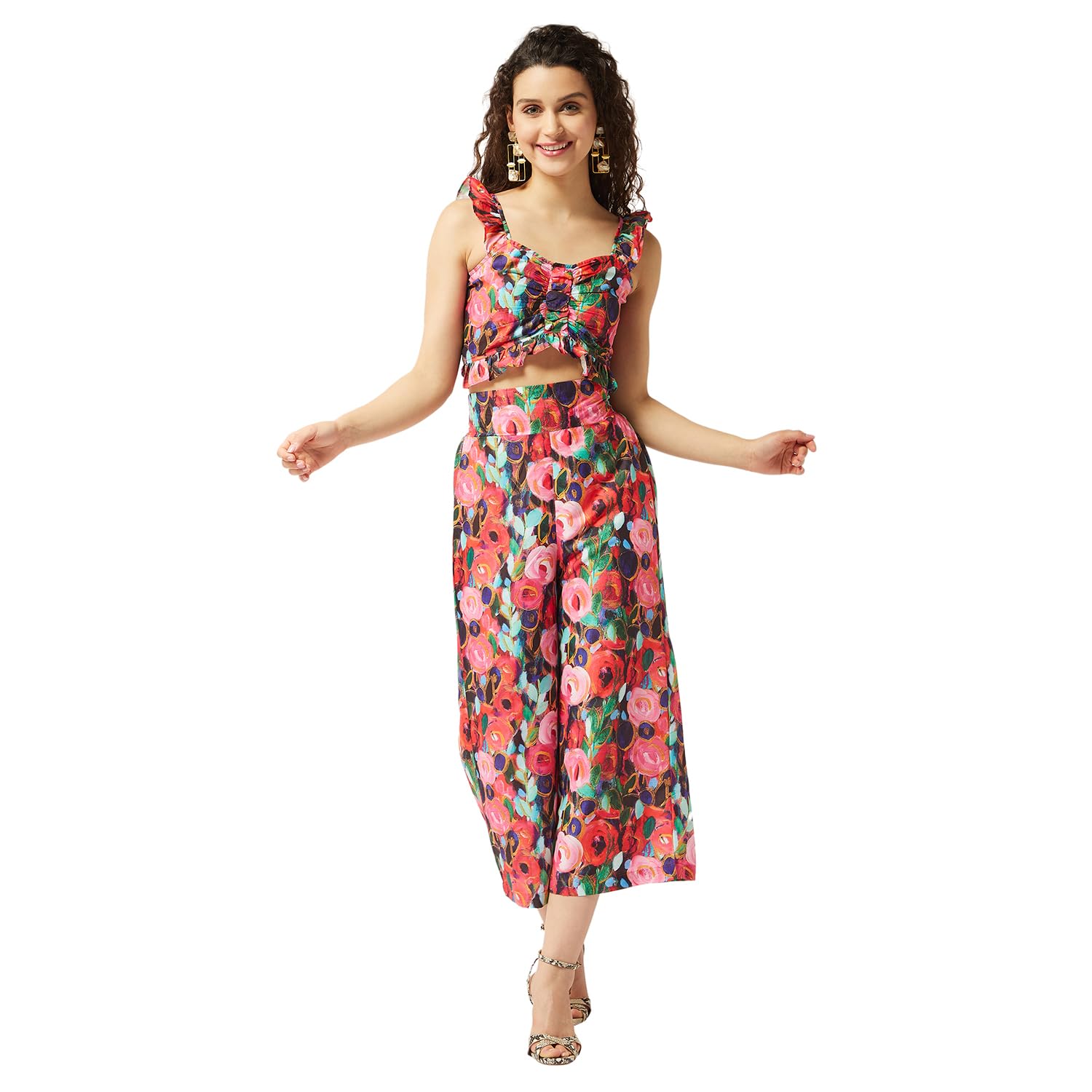 zima leto Women’s Multicolour Polyester Floral Co-ord Set | Sleeveless Ruffled Crop Top with Sweetheart Neck & Wide Leg Pants | Stylish Summer Outfit for Party, Anniversary & Casual Occasions-picture-20