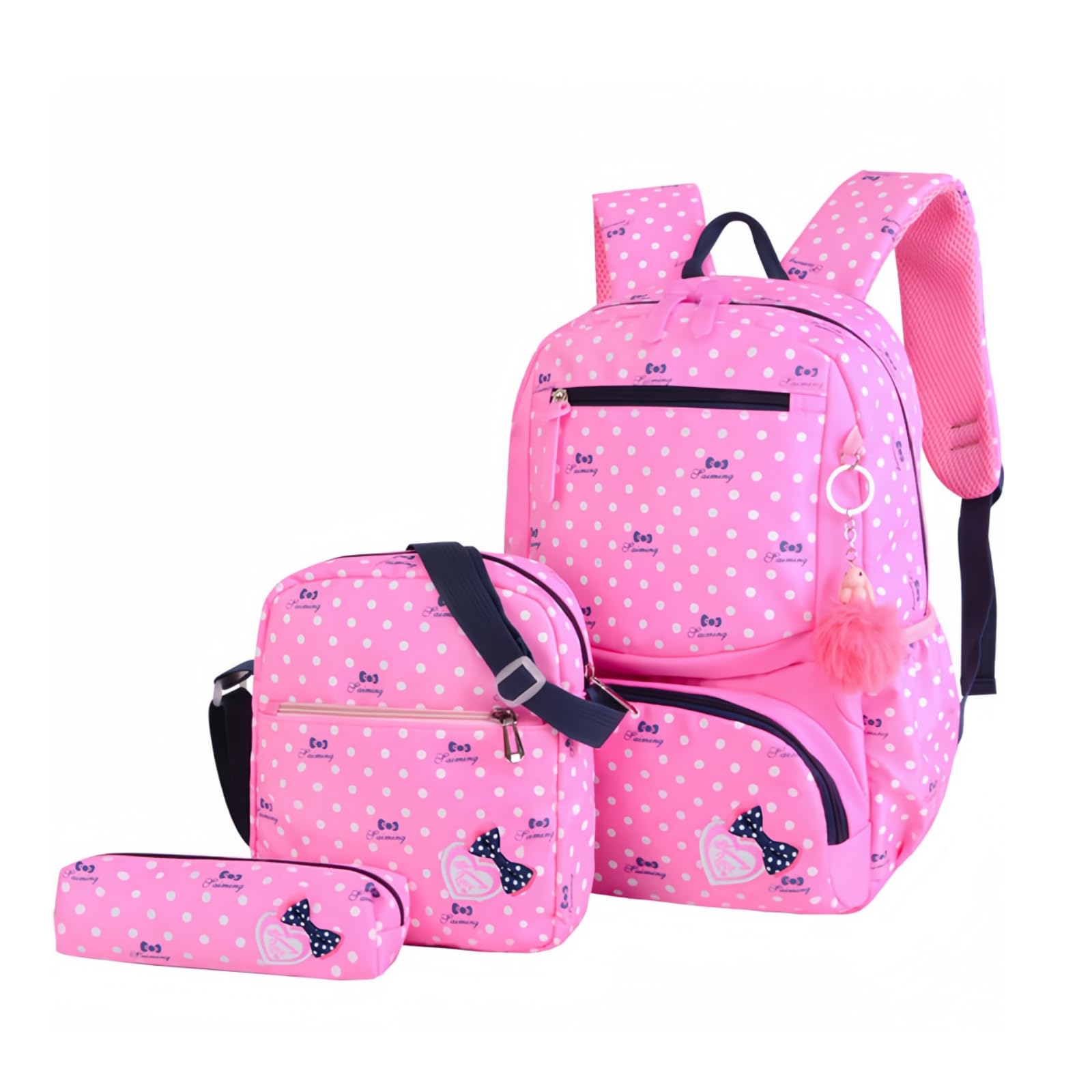 Armbq Girls 1#Pink 3Pcs Backpacks Bowknot Prints Children School Backpack Set Elementary Bookbags Travel Rucksack,Pink