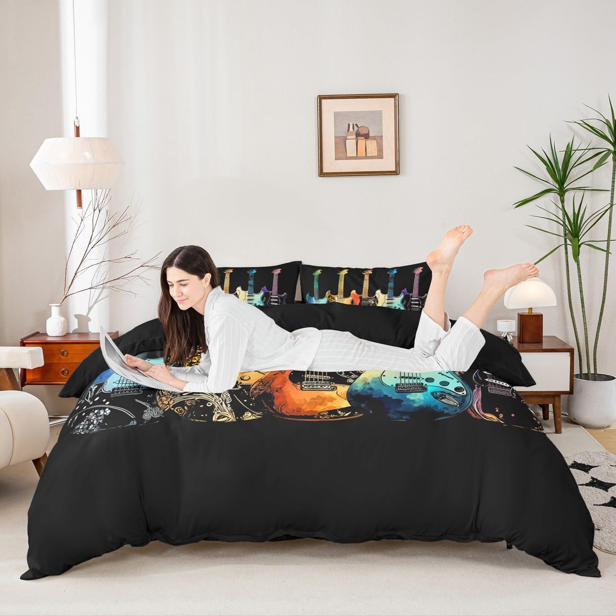Set di biancheria da letto super king size con stampa di chitarra, set copripiumino colorato a tema musica rock, per appassionati di musica, per bambini e ragazzi, stile hip hop, a righe, con 2 federe