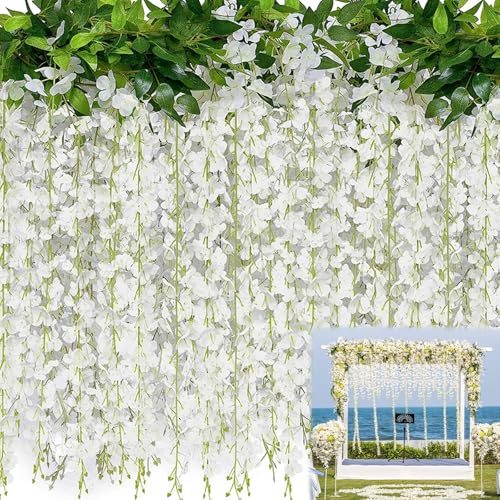YTPAFK Lot de 20 branches de glycine artificielles à suspendre, guirlande pour arche de mariage, fête, jardin, décoration d'intérieur (blanc)