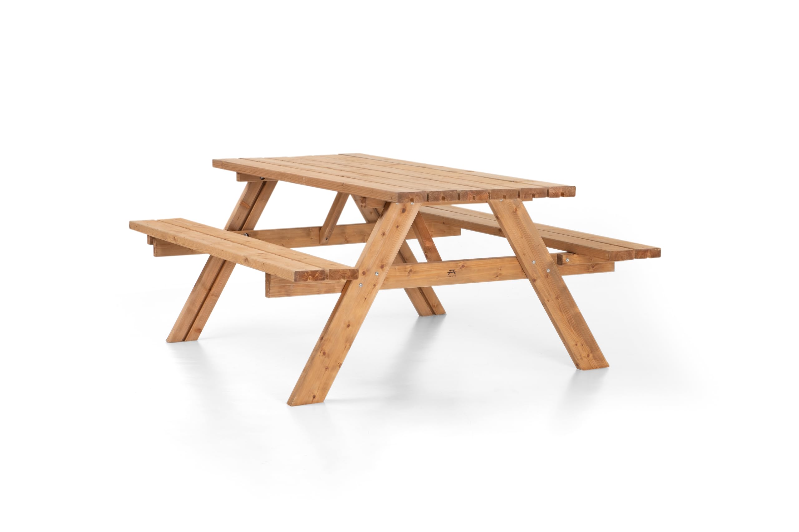 AMATA Mesa de picnic de diseño clásico con asientos plegables, colección UNGURS, mesa de picnic de madera resistente a la intemperie para exteriores, perfecta para jardín y patio (avellana oxidada)