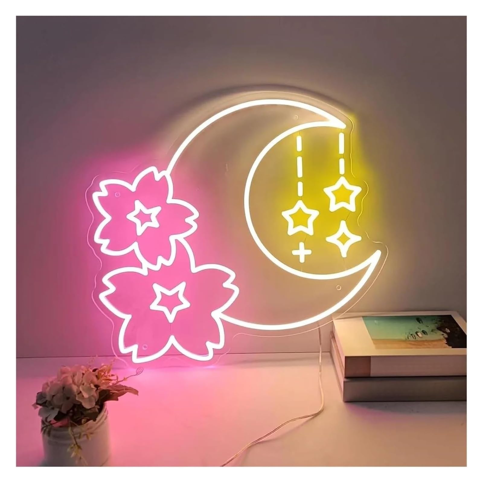 Neon Sign Soothing Ambient Sakura and Moon Neon Panel Lamp, Wall Lights, Light Panels(B,50cmx50cm)
