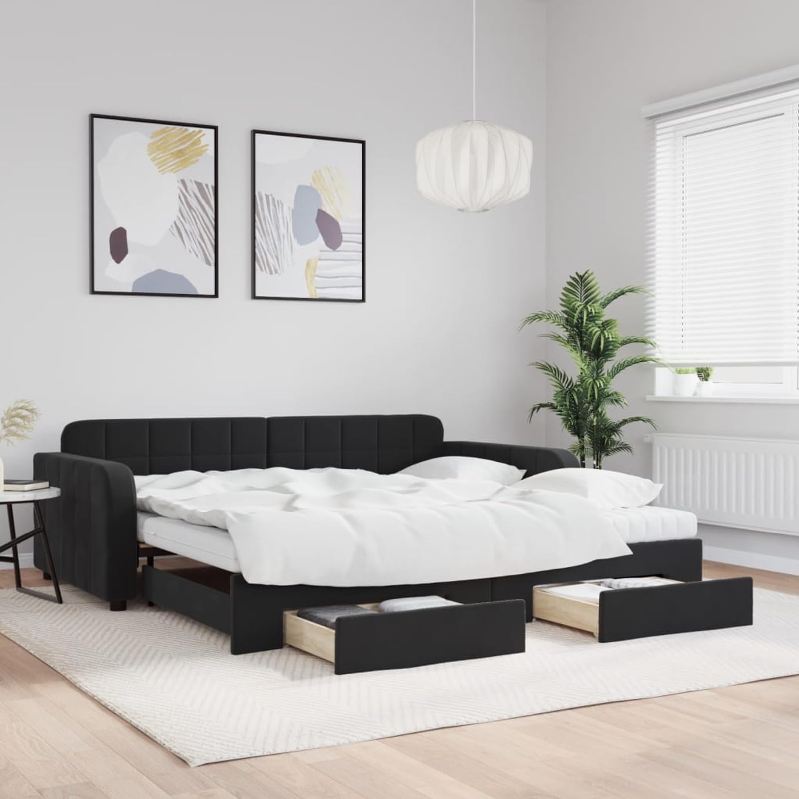 ATOMSTACK MAKER Sofa Cama Plegable 2 en 1 Negro de Terciopelo, Cama Diaria Extensible 100 x 200 cm Con 2 Colchones de Espuma y 2 Cajones Con Ruedas – Ideal para Salón o Dormitorio de Invitados