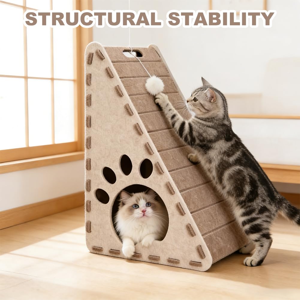 Planche à gratter 3 en 1 et maison triangulaire en feutre - Grattoir vertical pour chat d'intérieur - Scratch Play Rest Cat Furniture - Grattoir robuste facile à nettoyer avec jouet à balle