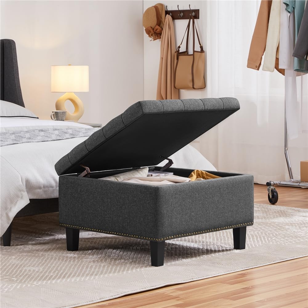 Yaheetech Banco Almacenaje Otomana Puff de Dormitorio Sala de Estar Gris | Banco de Pie, Entrada con Almacenamiento, 70X70X45 cm, Banco con Pata Madera