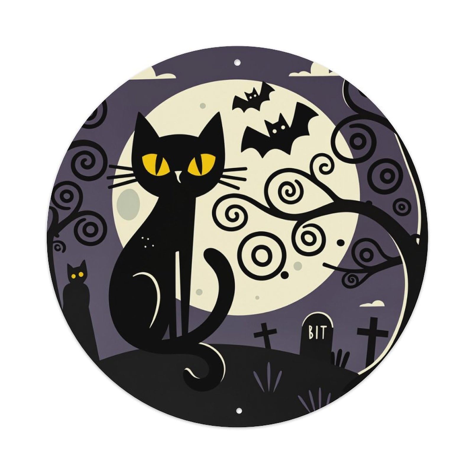 Black Cat Moon Bats Graveyard Round Tin Sign Vintage Style Metal Sign Home Bar Garden Wall Plaque Decor Metal Poster 8x8 Inch