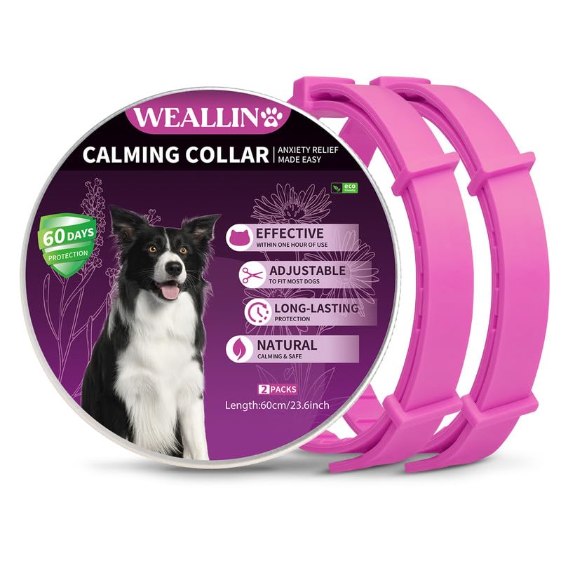 WEALLIN Collare Calmante per Cani, Anti-Ansia Collare Calmo per Cani Regolabili e Impermeabile, Naturale Feromoni 60 Giorni Collare Calmante per Cuccioli Cani di Grossa Taglia(2pz, Rosa