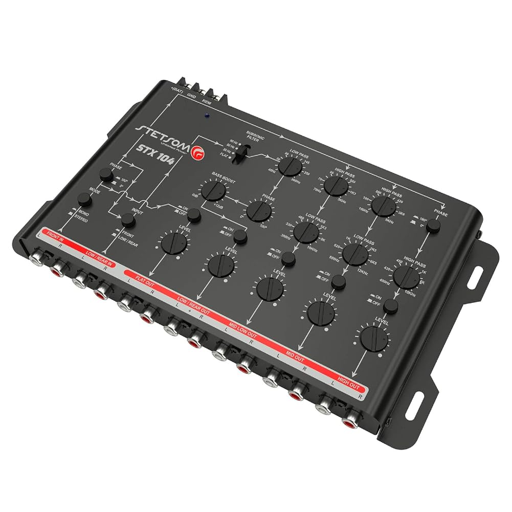 Kit Set para Stetson STX104 1 Crossover electrónico de 5 vías, Ecualizador, 4 entradas, 5 Salidas, con Refuerzo de Graves y Filtro subsónico, para Coche, 1 Pieza
