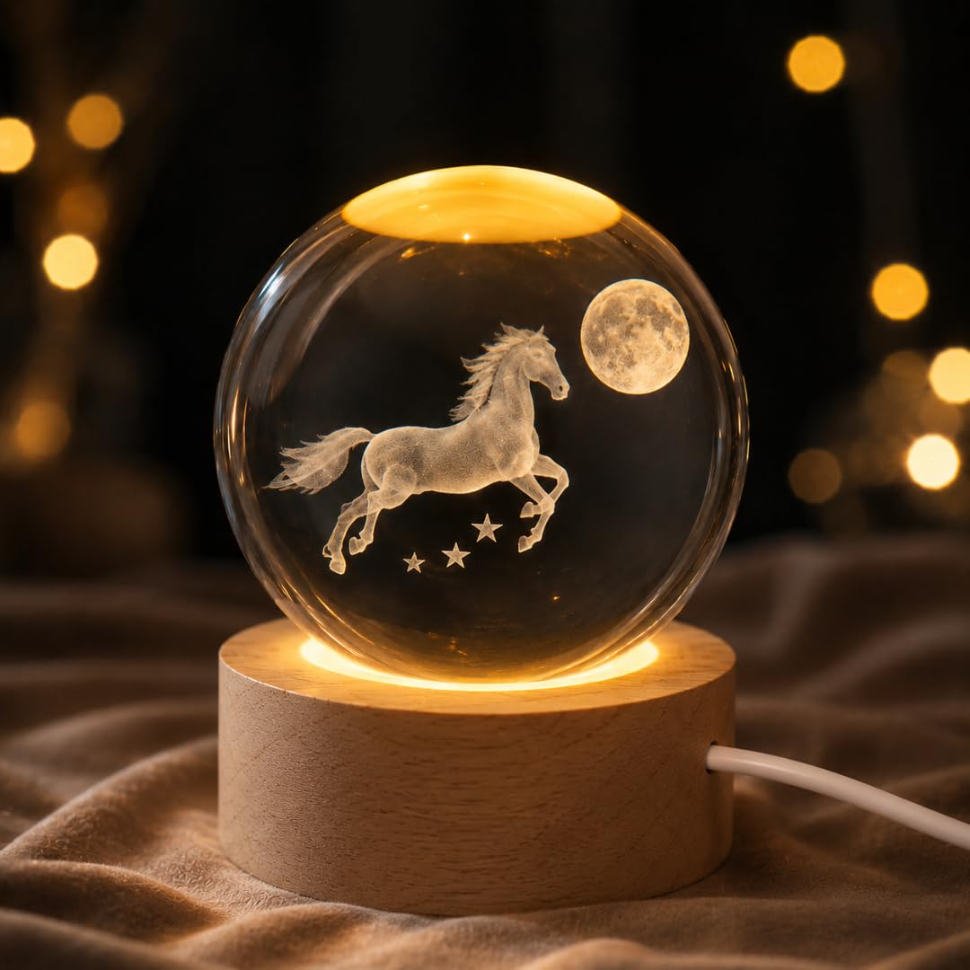 Desidiya 3D Crystal Moon with Horse Night Light | Engraved Crystal Ball LED Night Light with Wooden Base, USB Powered | Romantic Home Décor & Valentine's Day Gift for Her, Him & Couples (Warm White)