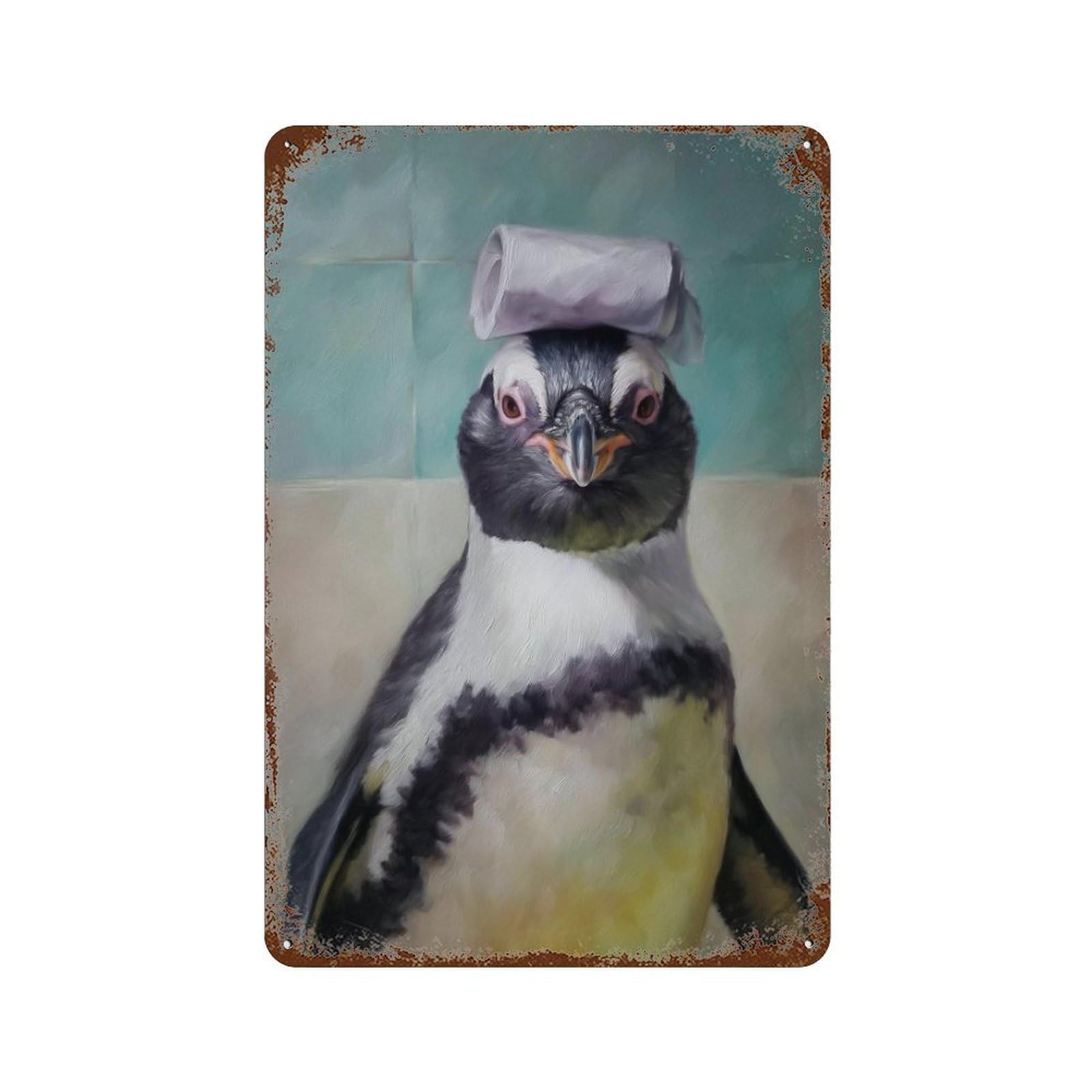 Vintage Rust Metal Sign Penguin with Toilet Paper Hat 11.8"x7.9", Vintage Wall Decor for Office, Studio And Wall Decor