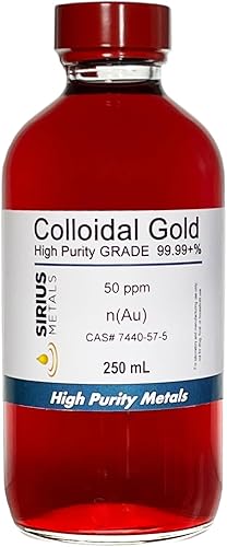 Oro coloidal verdadero  50 ppm  99.99+% pureza  8.5 fl oz (8.45 fl oz) en botella de vidrio transparente  Fabricado en Estados Unidos