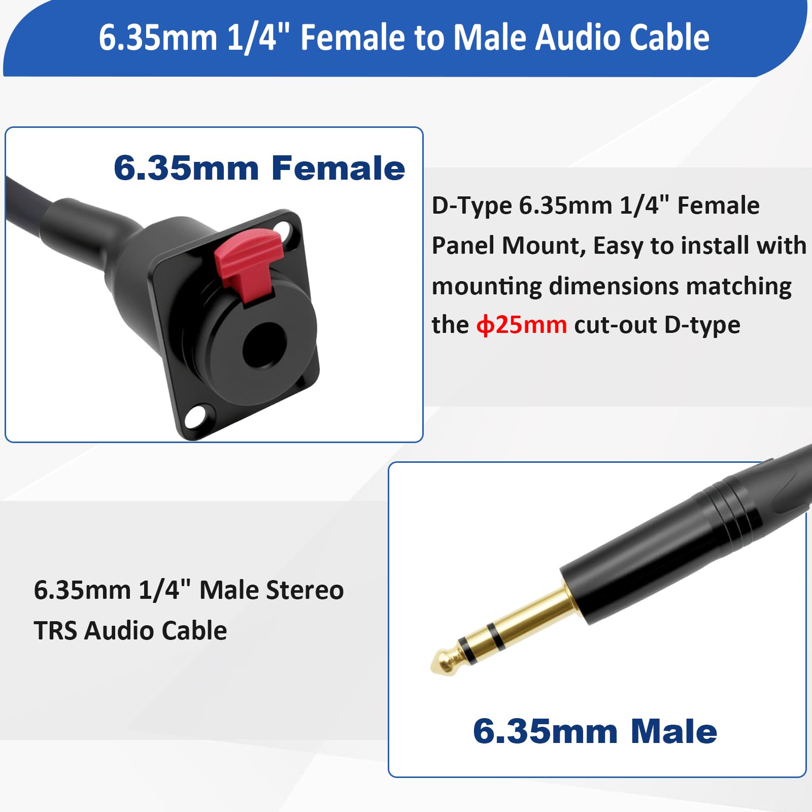 Cavo audio stereo da 6,35 mm tipo D da 6,35 mm femmina da 6,35 mm a maschio da 6,35 mm, cavo di prolunga TRS per cuffie e chitarra, per installazioni audio Pro, 1 m (TRS stereo)