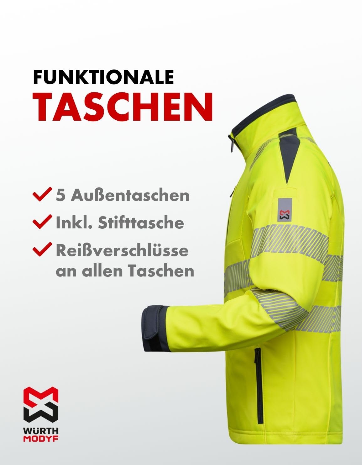 WÜRTH MODYF Warnschutz Softshelljacke Neon – hochwertige & reflektierende Arbeitsjacke in den Größen XS – 6XL – winddicht, atmungsaktiv & wasserabweisend (8.000 mm WS) – in Gelb und Orange