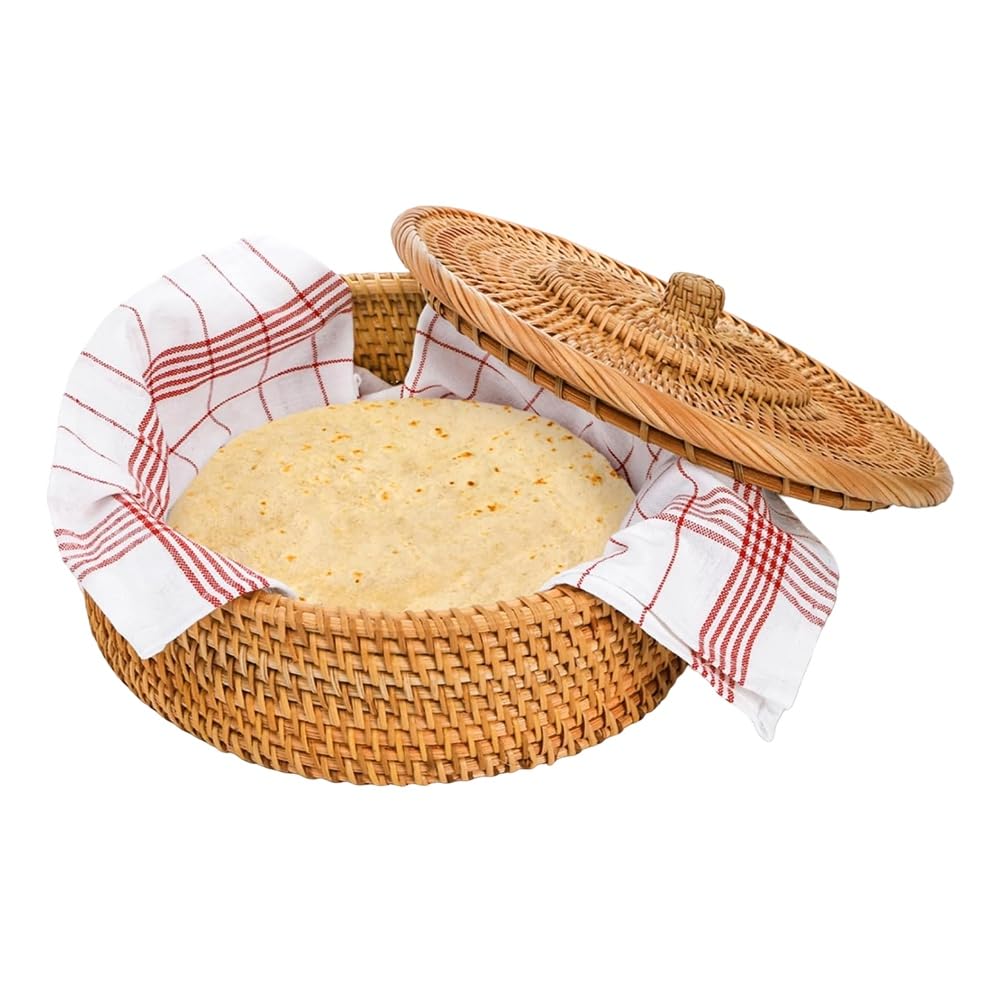 IJSDNVJNDX Tortilla Holder Basket with Removable Lid, 10 Inches Rattan Tortilla Warmer Handcrafted, Taco Shell Storage Container