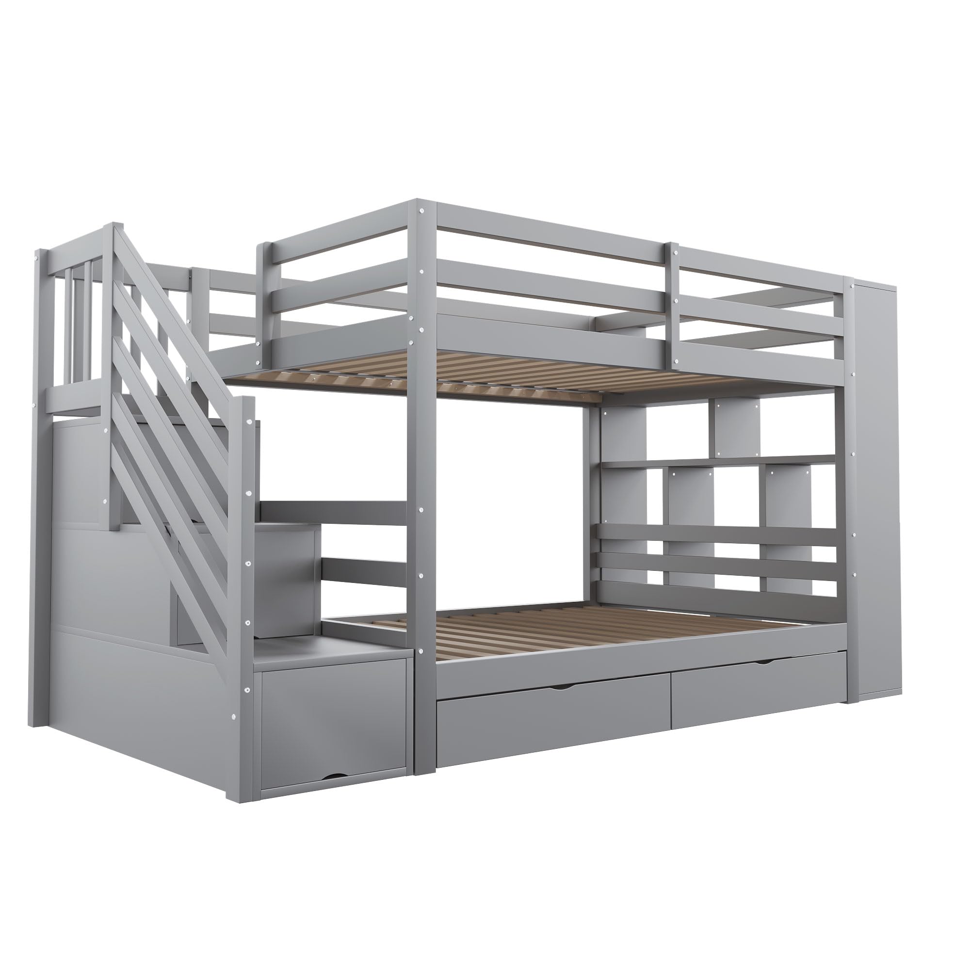 Etagenbett 90×200,Kinderbett mit Stauraum Treppe,Jugendbett mit 2 Schubladen/großen Schließfächern/Sicherheitszaun Kiefernbett mit Lattenrost,ohne matratz (Grau)