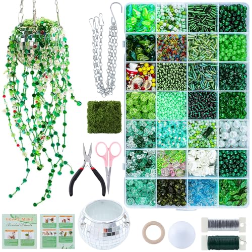 Green Glass Beads Plant Kit Forever Plant Beaded Flower Leaf Beads for Succulent Plant with Plant Pot Jewelry Making and DIY Crafts