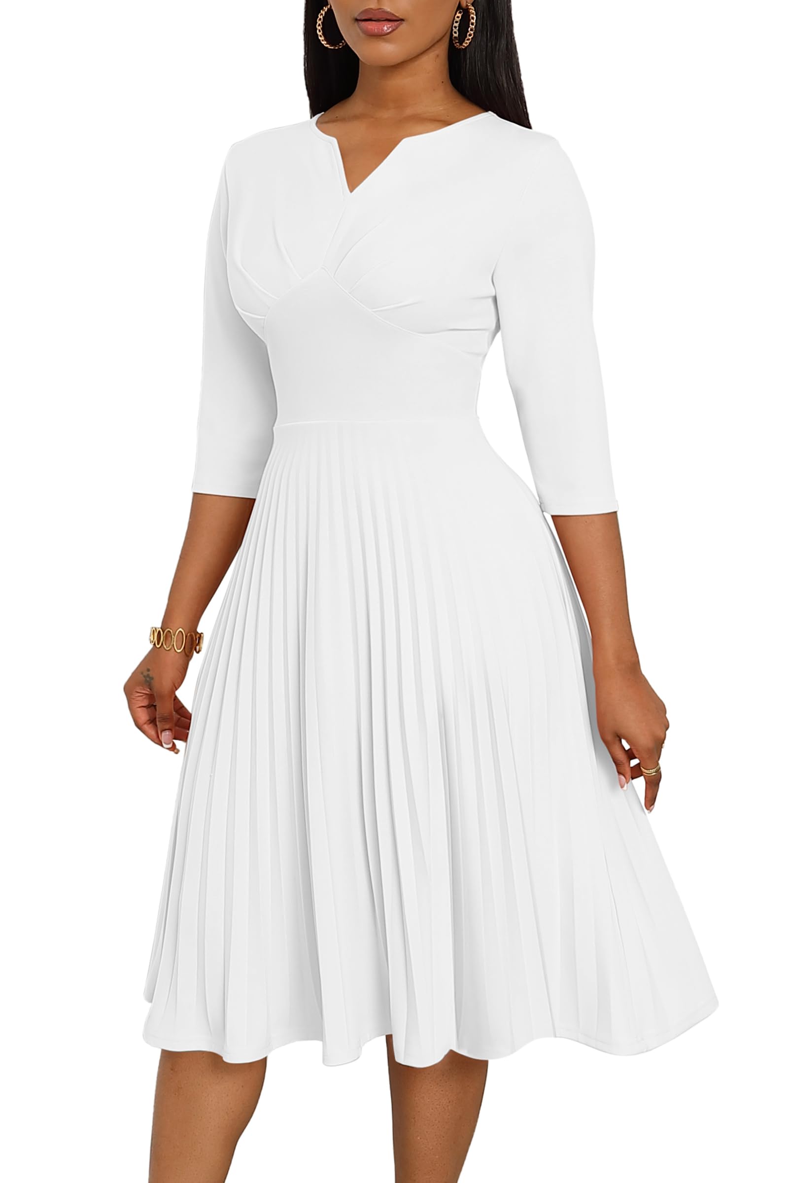 CLOCOR Midi Dresses for Women 3 4 Sleeve A Line Pleated Casual Dress V Neck Church Cocktail Wedding