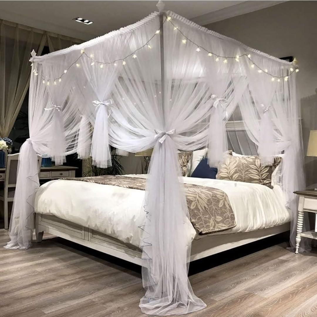 Royal Shahi Luxury Bed Canopy Mosquito Net with String Light Hooks, 4-Post Frame Mosquito Net, Sheer Curtains, Princess Style Bedroom Decor (Yellow)-picture-23