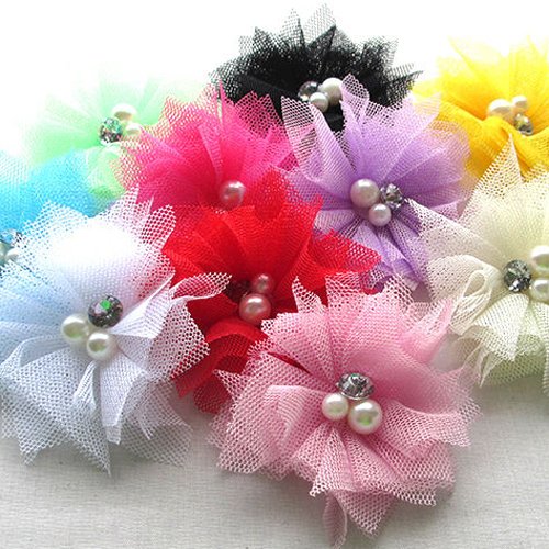 Chenkou Craft 20Pcs Mesh Ribbon Flowers Bows W/Beads Rhinstone Appliques Craft Lots Bulk #TOP1