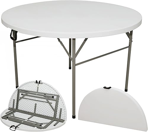 Mesa plegable redonda de 48 pulgadas, mesa redonda portátil de HDPE resistente de 4 pies, mesa de comedor plegable de plástico para interiores y