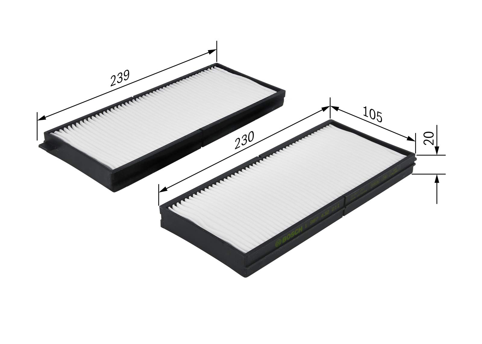 BOSCH Filtro de habitáculo 1 987 432 211 Filtro de partículas Altura: 20 Ancho: 105 Longitud: 239 Compatible con KIA SHUMA FB SHUMA II FB SHUMA II Sedán FB