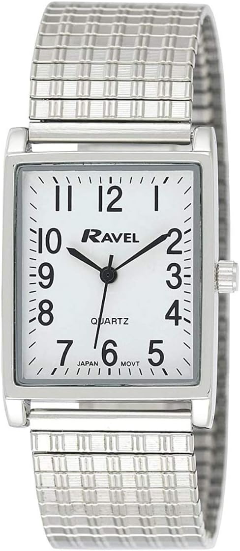 Gents White Rectangle Dial Silvertone Expander Bracelet Strap Dress Watch Gift for Men R0220.02.1