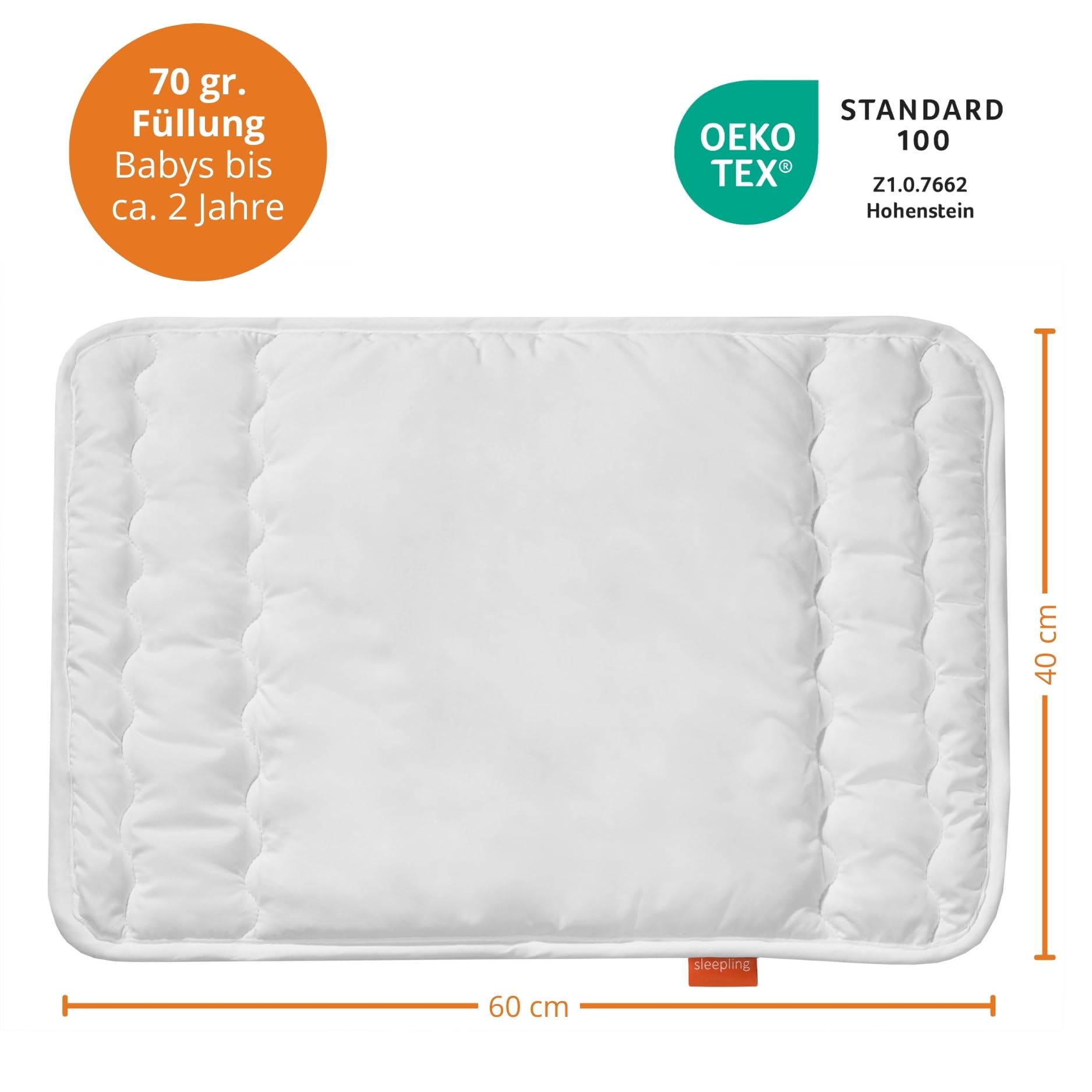 sleepling 196280 Oreiller Plat pour bébé | 100% Microfibre | hypoallergénique | Made in EU | Ökotex 100 | 60 degrés Lavable | 40 x 60 cm, Blanc