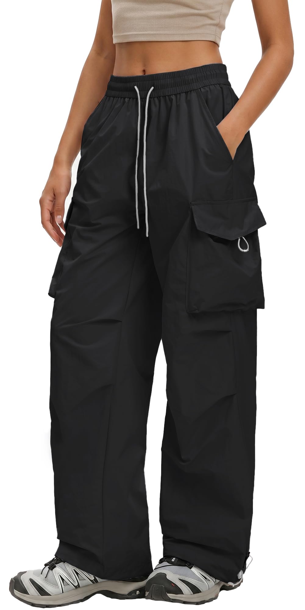 FEOYA Pantalon de randonnée pour femme - Imperméable - Séchage rapide - Pantalon d'extérieur - Jambe large - Pantalon cargo - Baggy - Pantalon parachute - Taille haute - Pantalon de trekking