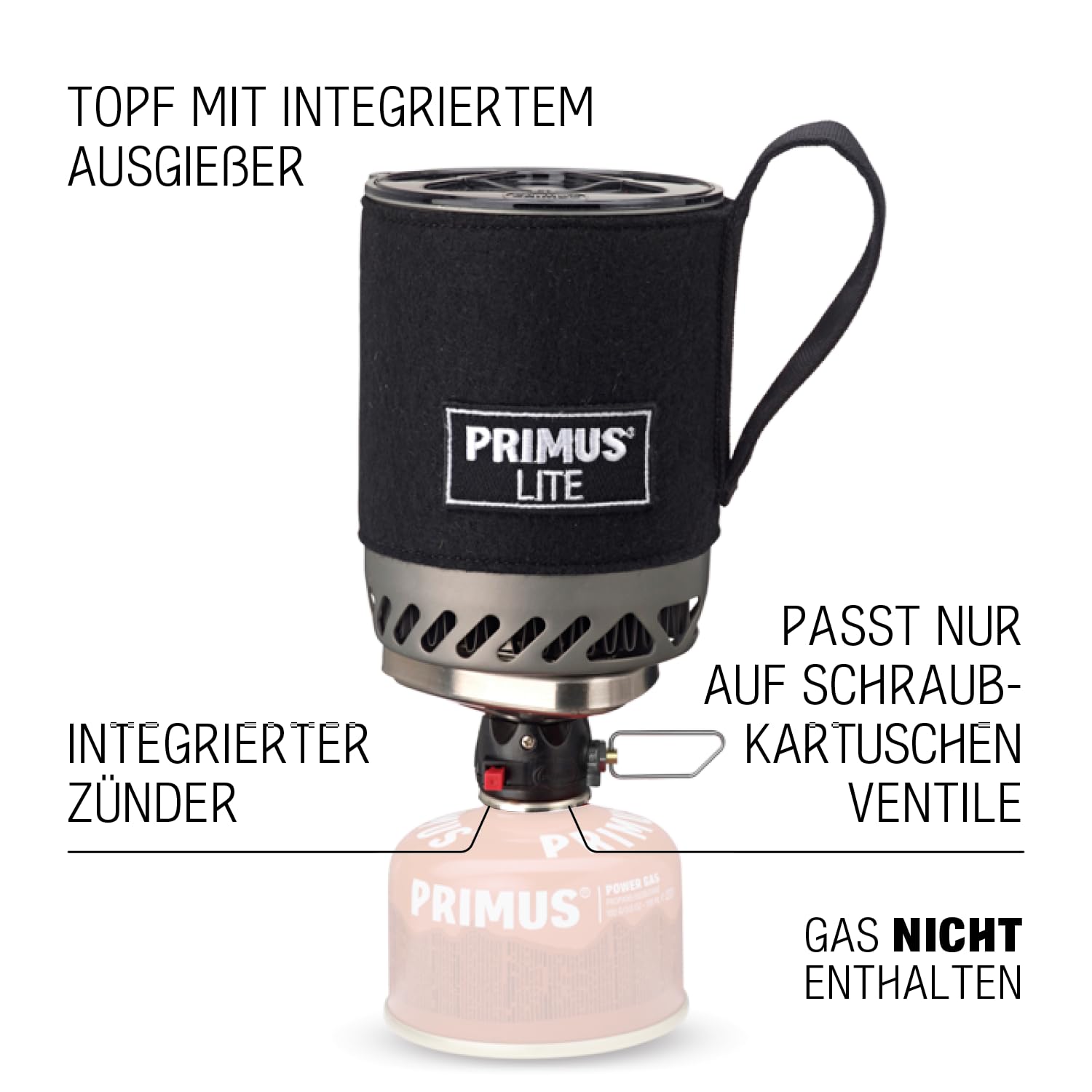 Primus Camping Gaskocher Outdoor - 10x15 cm - 0,5L - 350g - 1500W Flamme - Aluminiumtopf mit isolierterTopfschutzhülle - Primus Outdoor Gaskocher mit Windschutz und integriertem Wärmetauscher