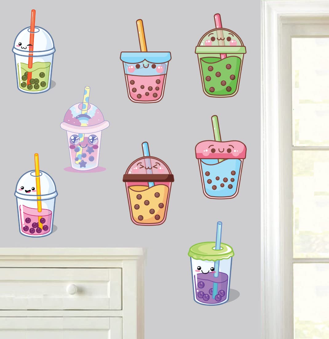 Hodge Creations Brown Cute Bubble Tea 8Pc Wall Art Vinyl Printed Stickers Boba Tea