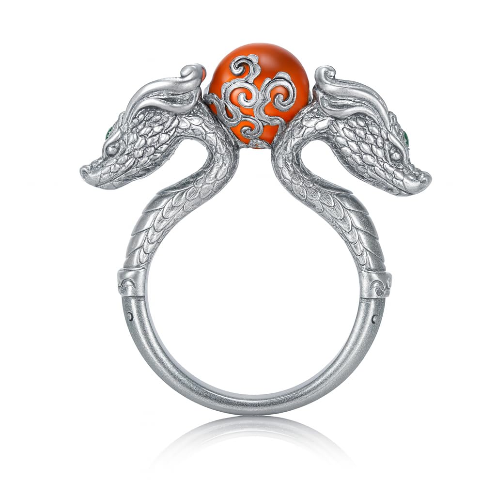 Generisch Handgefertigter 925er Silber Drachen-Ring mit leuchtendem Sonnenstein & Aquamarin-Akzenten │ Mystisches Fantasy-Amulett, verstellbar Größe 6