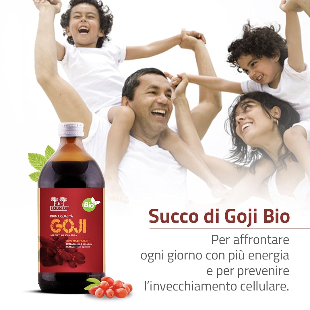 SUCCO DI GOJI BIO Salugea - 100% Puro e Naturale - Integratore energizzante e saziante, ricco di vitamine, sali minerali e aminoacidi - 500 ml - Flacone in vetro scuro farmaceutico